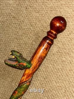 Vintage Rustic Walking Stick Cane Hand-Carved & Painted Winding Snake Shaft