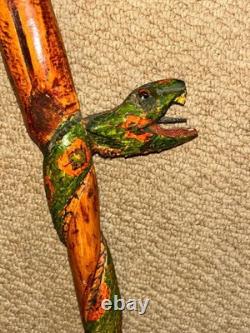 Vintage Rustic Walking Stick Cane Hand-Carved & Painted Winding Snake Shaft