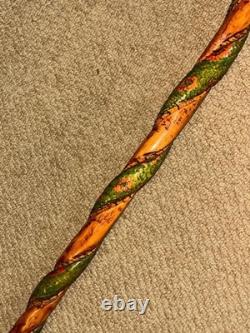 Vintage Rustic Walking Stick Cane Hand-Carved & Painted Winding Snake Shaft