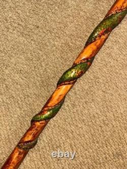 Vintage Rustic Walking Stick Cane Hand-Carved & Painted Winding Snake Shaft
