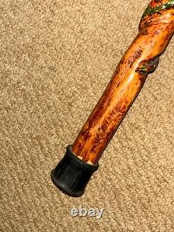 Vintage Rustic Walking Stick Cane Hand-Carved & Painted Winding Snake Shaft