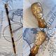 Vintage Rustic Wood/Metal Walking Stick/Cane With Hand Carved Mans Head Face Top