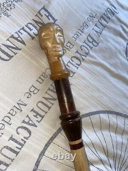 Vintage Rustic Wood/Metal Walking Stick/Cane With Hand Carved Mans Head Face Top