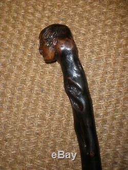 Vintage Rustic Wooden Hand Carved Walking Cane With Mans Head With Glass Eyes