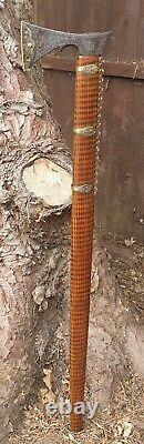Vintage Shepherds Axe Ciupaga Walking Stick Wood Carved Brass Handle Rings