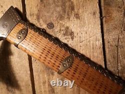 Vintage Shepherds Axe Ciupaga Walking Stick Wood Carved Brass Handle Rings # 1