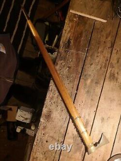 Vintage Shepherds Axe Ciupaga Walking Stick Wood Carved Brass Handle Rings # 2