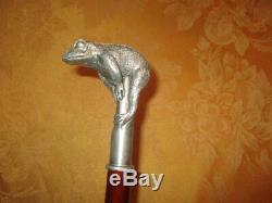 Vintage Solid Silver Carved Frog Walking Stick Cane GREATCONDITIO CIRCA 1940'S