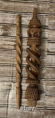 Vintage Staff Walking Stick Cane, Snake Hand Carved Ceremonial Staff African