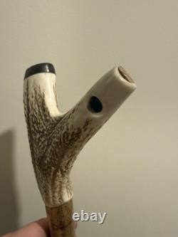 Vintage Stag Horn Walking Thumb Stick / Cane With Carved Whistle