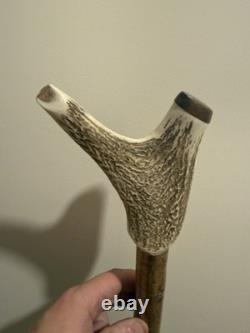 Vintage Stag Horn Walking Thumb Stick / Cane With Carved Whistle