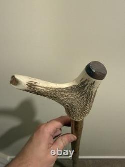 Vintage Stag Horn Walking Thumb Stick / Cane With Carved Whistle