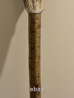 Vintage Stag Horn Walking Thumb Stick / Cane With Carved Whistle