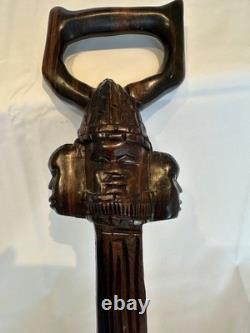 Vintage Style African Carved Wood Walking Stick 3 Faces D-Handle 90cm