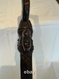 Vintage Style African Carved Wood Walking Stick 3 Faces D-Handle 90cm