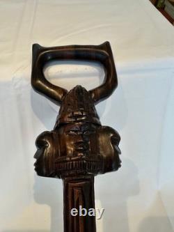 Vintage Style African Carved Wood Walking Stick 3 Faces D-Handle 90cm