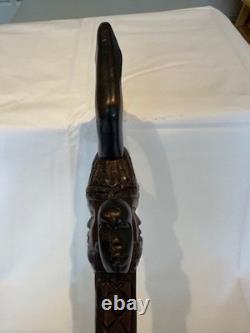 Vintage Style African Carved Wood Walking Stick 3 Faces D-Handle 90cm