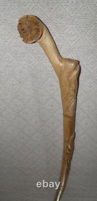 Vintage Treen Walking Stick Hand Carved Shaft With Lizards & Wood Burl Handle