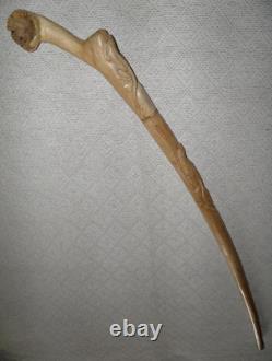 Vintage Treen Walking Stick Hand Carved Shaft With Lizards & Wood Burl Handle