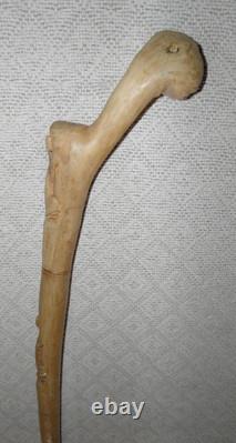 Vintage Treen Walking Stick Hand Carved Shaft With Lizards & Wood Burl Handle