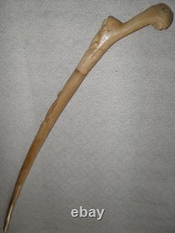 Vintage Treen Walking Stick Hand Carved Shaft With Lizards & Wood Burl Handle