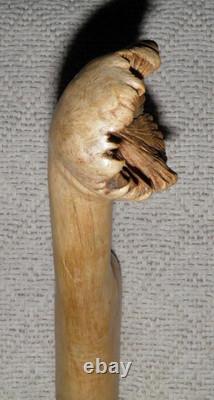 Vintage Treen Walking Stick Hand Carved Shaft With Lizards & Wood Burl Handle