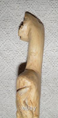 Vintage Treen Walking Stick Hand Carved Shaft With Lizards & Wood Burl Handle