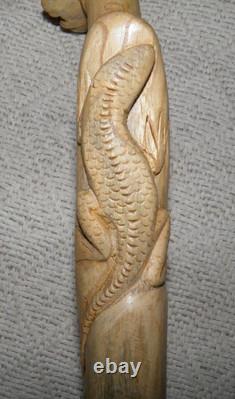 Vintage Treen Walking Stick Hand Carved Shaft With Lizards & Wood Burl Handle