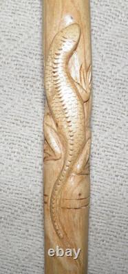 Vintage Treen Walking Stick Hand Carved Shaft With Lizards & Wood Burl Handle