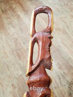 Vintage Two Tone Carved African Walking Stick Man & Snake Cane 42 1/2 Folk Art