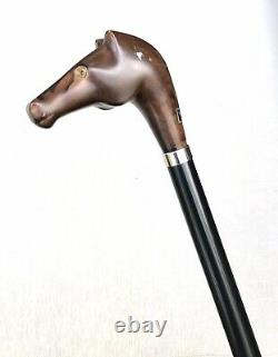 Vintage Unused Italy Carved Wood Horse Head Swagger Knob Walking Stick Cane 36L