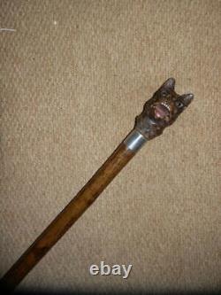 Vintage V Large Hand Carved Snarling Dog H/M Silver Walking Stick Cane. BRIGG