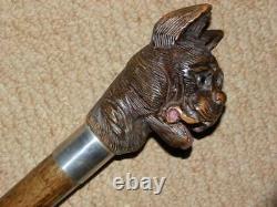 Vintage V Large Hand Carved Snarling Dog H/M Silver Walking Stick Cane. BRIGG