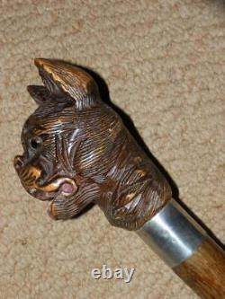 Vintage V Large Hand Carved Snarling Dog H/M Silver Walking Stick Cane. BRIGG