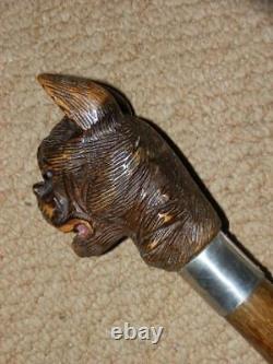 Vintage V Large Hand Carved Snarling Dog H/M Silver Walking Stick Cane. BRIGG