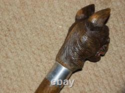 Vintage V Large Hand Carved Snarling Dog H/M Silver Walking Stick Cane. BRIGG