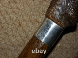 Vintage V Large Hand Carved Snarling Dog H/M Silver Walking Stick Cane. BRIGG