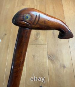 Vintage Walking Cane Hand Carved Folk Art Whale in Elm Wood 93cm Heavy 400 grams