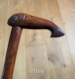 Vintage Walking Cane Hand Carved Folk Art Whale in Elm Wood 93cm Heavy 400 grams
