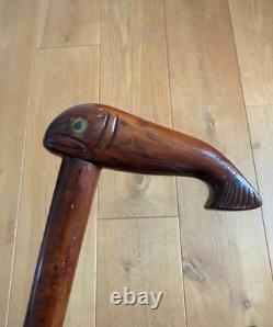Vintage Walking Cane Hand Carved Folk Art Whale in Elm Wood 93cm Heavy 400 grams
