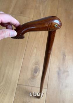 Vintage Walking Cane Hand Carved Folk Art Whale in Elm Wood 93cm Heavy 400 grams