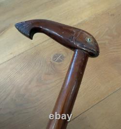Vintage Walking Cane Hand Carved Folk Art Whale in Elm Wood 93cm Heavy 400 grams