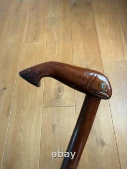 Vintage Walking Cane Hand Carved Folk Art Whale in Elm Wood 93cm Heavy 400 grams