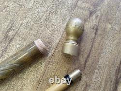 Vintage Walking Cane Stick Concealed Pool Cue Billiards Brass Carved Wood