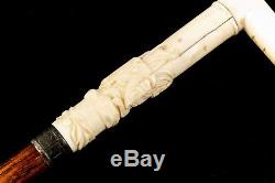 Vintage Walking Stick Cane Carved Dog Bone/Sterling Silver Handle Wood Shaft 35