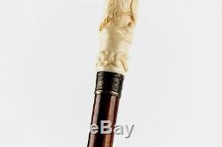 Vintage Walking Stick Cane Carved Dog Bone/Sterling Silver Handle Wood Shaft 35