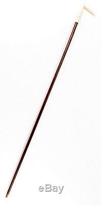 Vintage Walking Stick Cane Carved Dog Bone/Sterling Silver Handle Wood Shaft 35