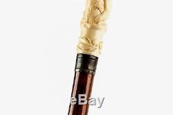 Vintage Walking Stick Cane Carved Dog Bone/Sterling Silver Handle Wood Shaft 35