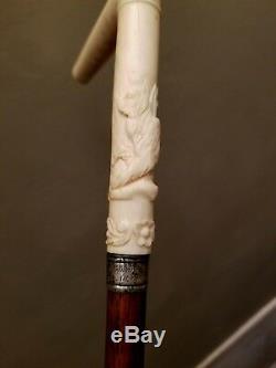 Vintage Walking Stick Cane Carved Dog Bone/Sterling Silver Handle Wood Shaft 35