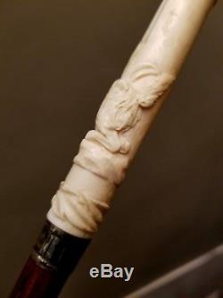 Vintage Walking Stick Cane Carved Dog Bone/Sterling Silver Handle Wood Shaft 35